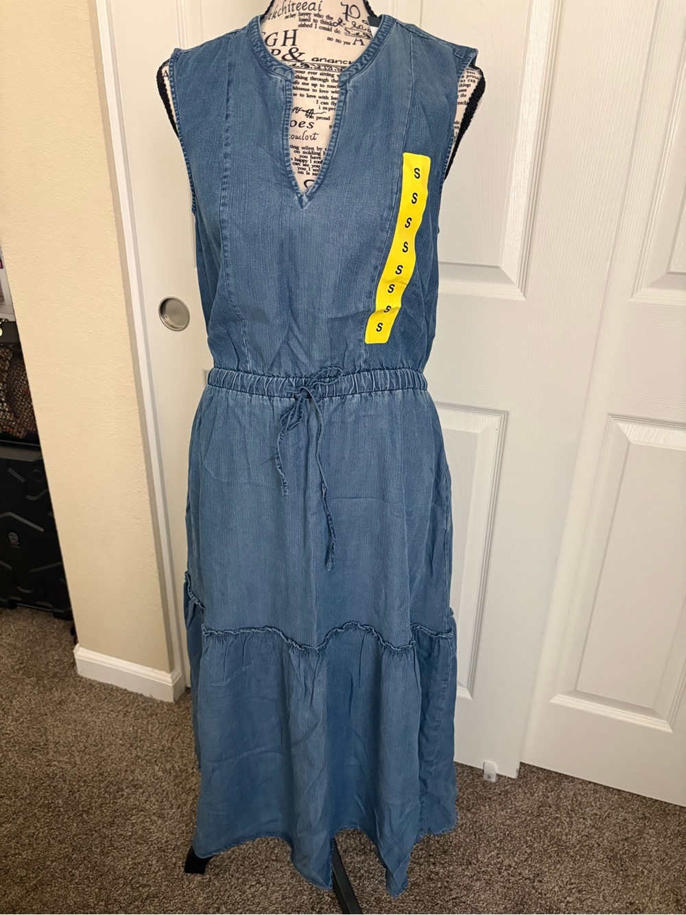 Lands' End Sleeveless Chambray Drawstring Tiered Maxi Dress in Blue
